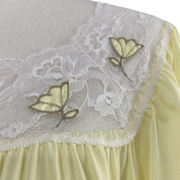 Vintage 90s Lucie Ann Buttercup Yellow Nylon Tulip & Lace Maxi Nightgown Size S - Picture 4 of 12